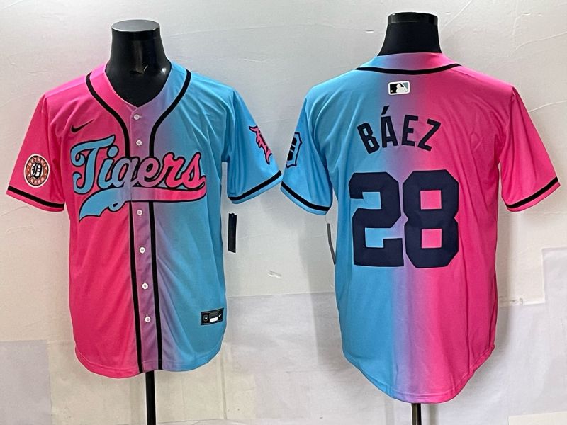 Men 2025 Detroit Tigers 28 Baez Blue pink Game Nike MLB Jersey style 02